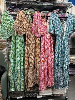 Printed Boho Maxi Dress in Green, Brown, Pink